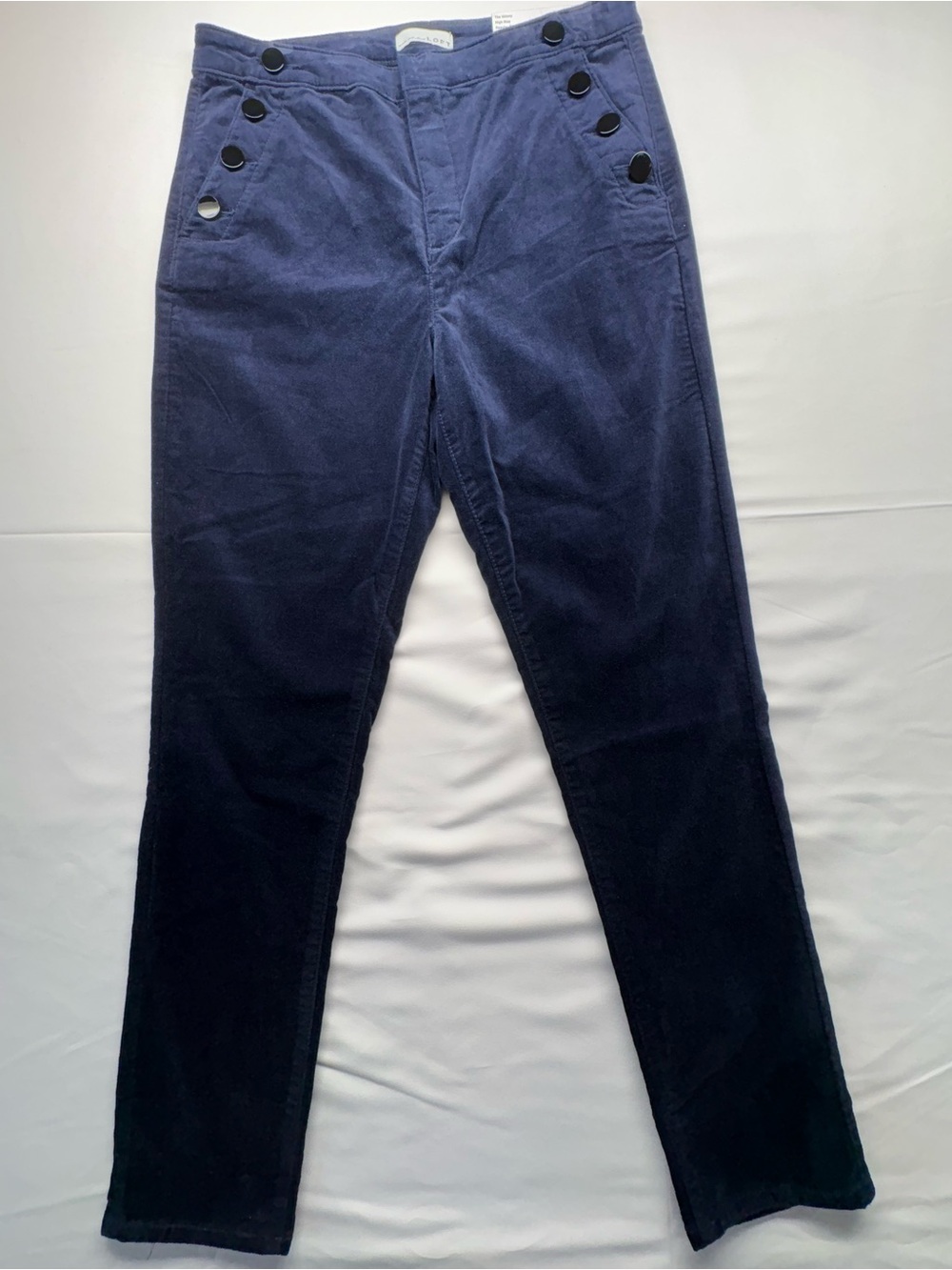 LOFT Navy Velour Sailor-Button Straight-Leg Pants